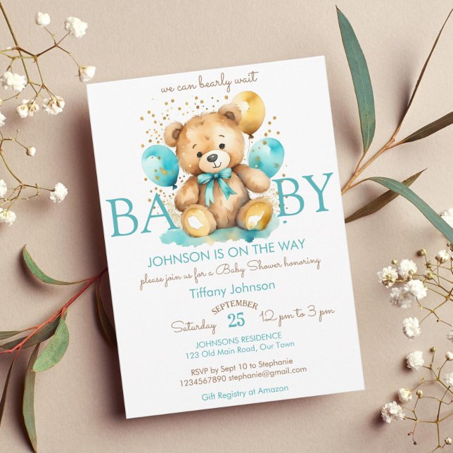 Teddy bear bearly wait aqua blue brown baby shower invitation (Cute teddy bear with balloons bearly wait baby shower template invitation instant download teal gold)