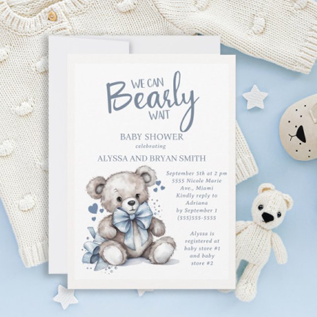 Teddy Bear Bearly Wait Baby Boy Shower  Invitation (Creator Uploaded)