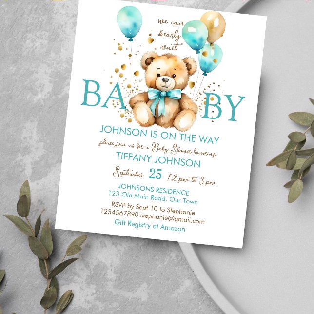 Teddy bear bearly wait baby shower budget invite (Bearly wait teddy bear baby shower budget affordable invitation cute teddy with a aqua blue balloons)