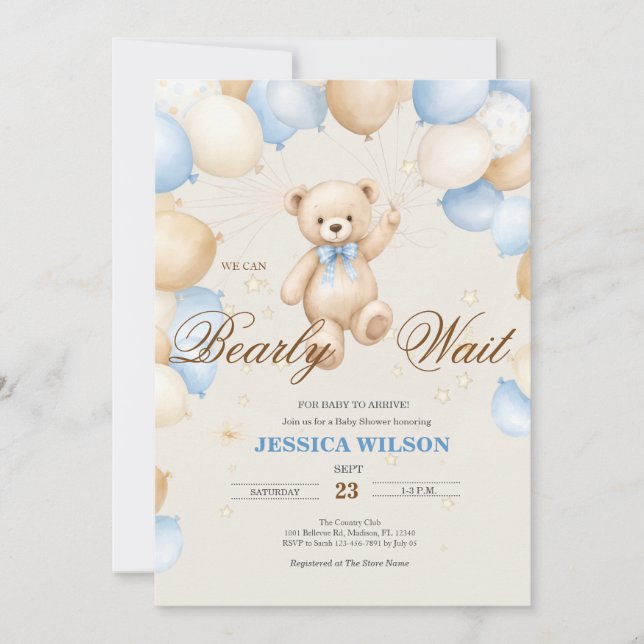 Teddy Bear "Bearly Wait" Baby Shower Invitation (Front)