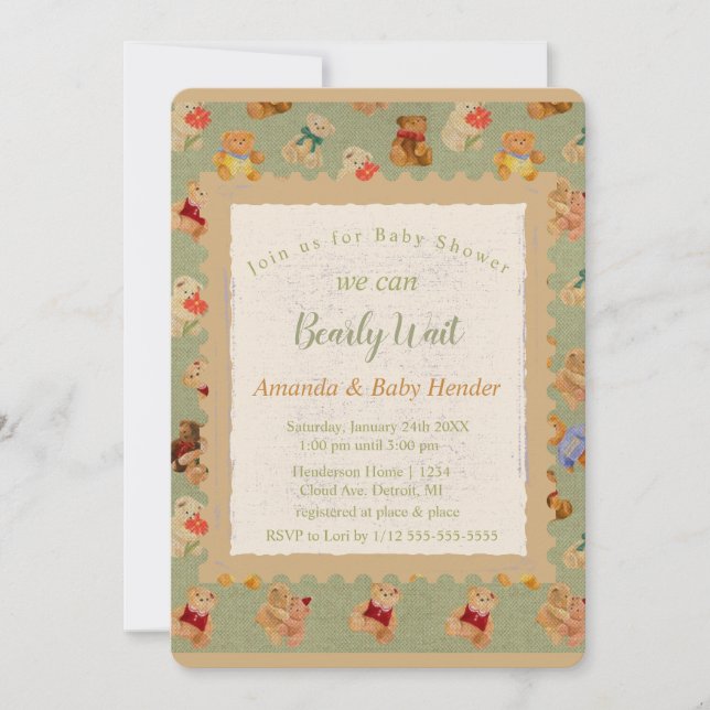 Teddy Bear Bearly Wait Baby Shower Invitation (Front)