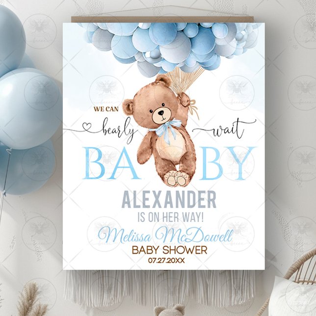 Teddy Bear Bearly Wait Baby Shower Tapestry Blue  (teddy bear baby shower,boy teddy bear shower,we can bearly wait,teddy baby shower,balloon baby showe)