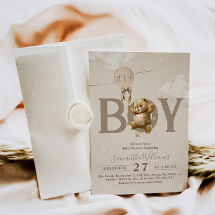 Teddy Bear Bearly Wait Balloon Baby Boy Shower Inv Invitation