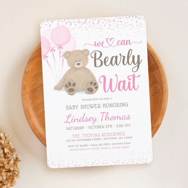 Teddy Bear Bearly Wait Confetti Girl Baby Shower Invitation (Creator Uploaded)