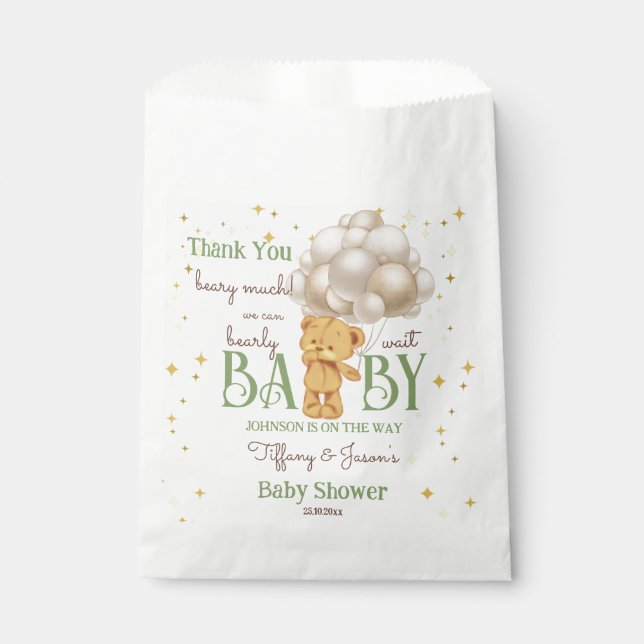 Teddy bear bearly wait green brown baby shower favour bags (Front)
