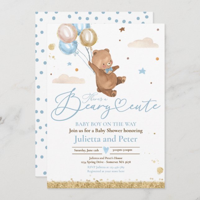 Teddy Bear Beary Cute Baby Boy Blue Baby Shower Invitation (Front/Back)