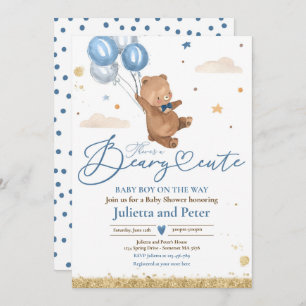 Teddy Bear Beary Cute Baby Boy Blue Baby Shower Invitation