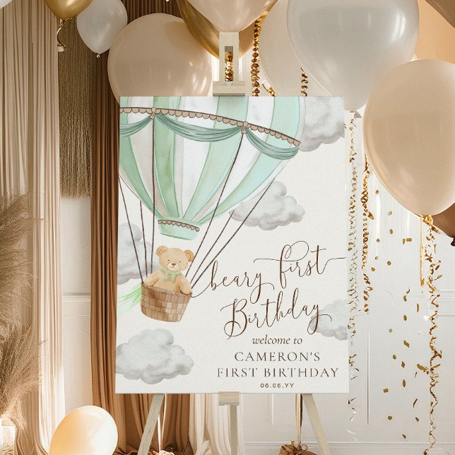 Teddy Bear Beary Mint First Birthday Welcome Sign (Creator Uploaded)