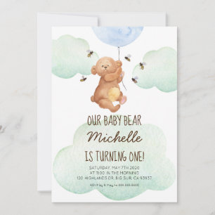 Teddy Bear Bees Baby Bear 1st Birthday Invitation