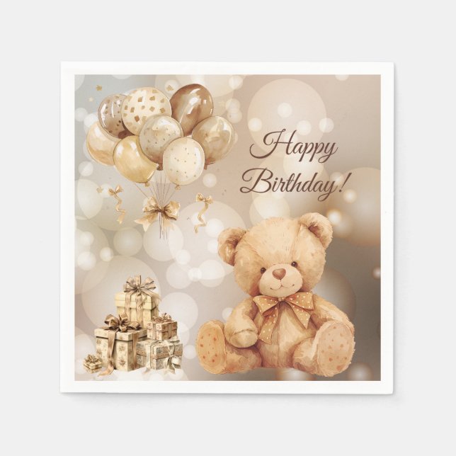 Teddy Bear Beige Balloon Birthday Napkin (Front)