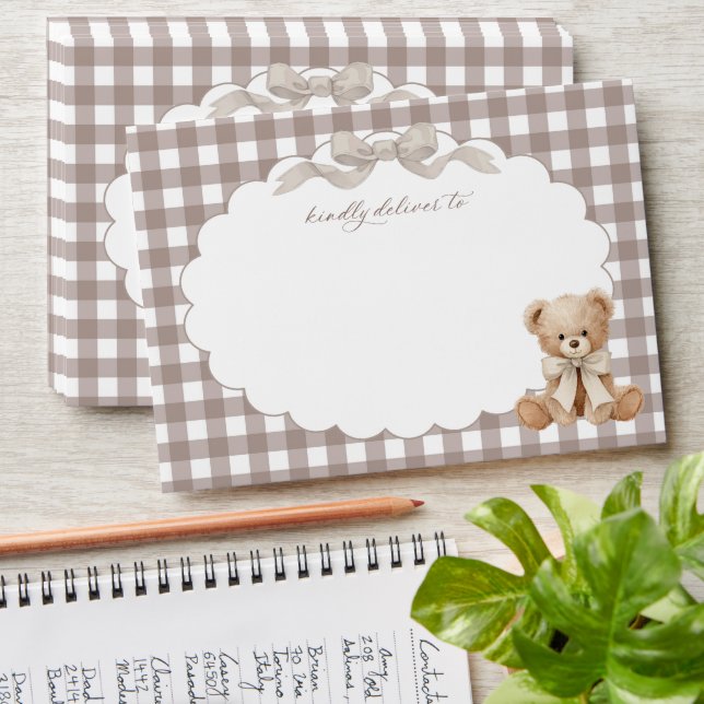 Teddy Bear, Beige Bow, Brown Gingham, Baby Shower Envelope (Stacked)