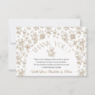 Teddy Bear Beige Toile Baby Shower Thank You Card