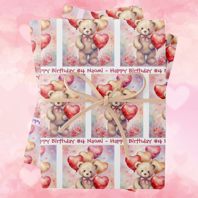 Teddy Bear Birthday Balloons Child's Name & Age Wrapping Paper Sheet (Creator Uploaded)