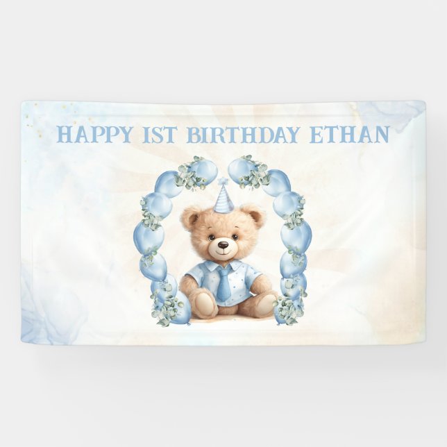 Teddy Bear Birthday Blue Balloon Arch Banner (Horizontal)