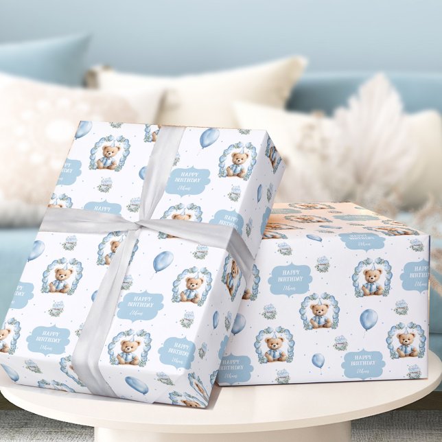 Teddy Bear Birthday Boy Name Blue Wrapping Paper (Teddy Bear Birthday Boy Name Blue Wrapping Paper)