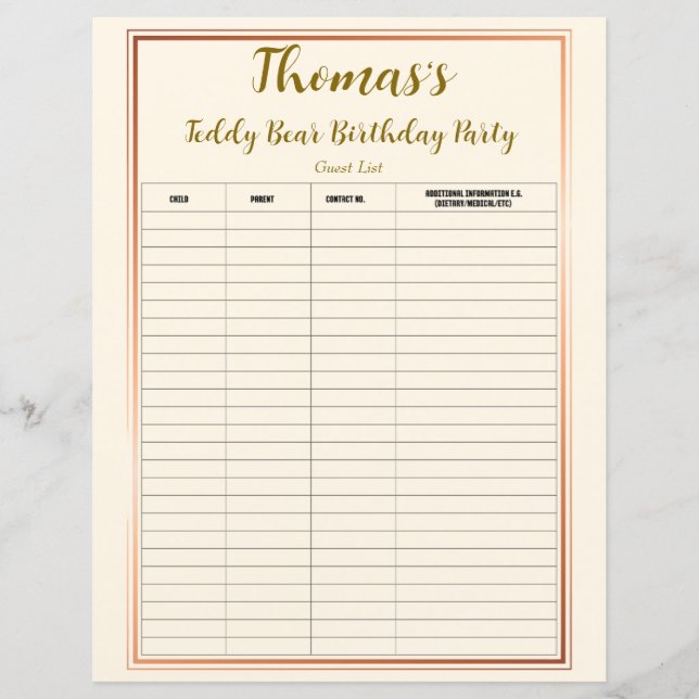 Teddy Bear Birthday Party Guest List (Front)