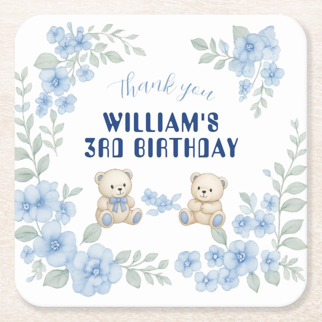 Teddy Bear Birthday Party Square Paper Coaster (Front)