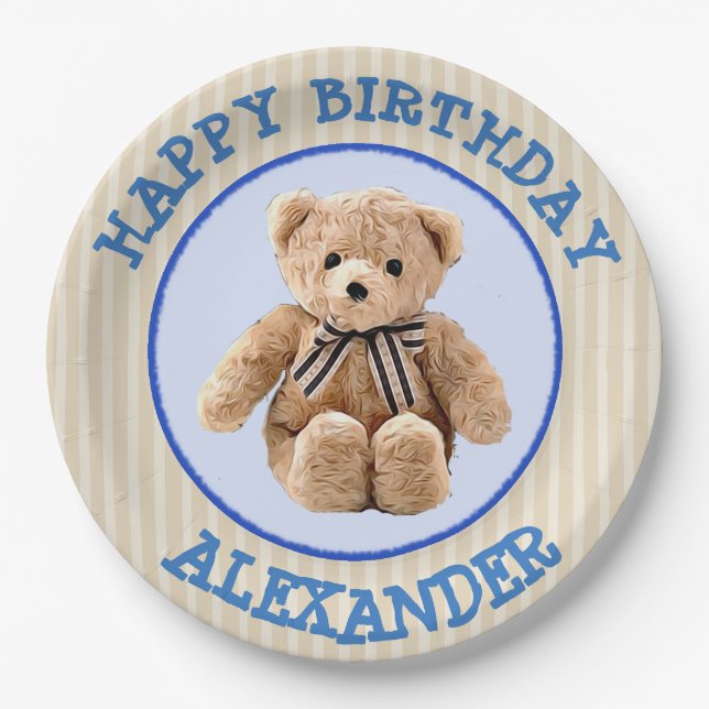 Teddy Bear Blue and Tan Polka Dotted Party Plate (Front)