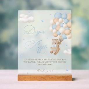 Teddy Bear Blue Baby Shower Diaper Raffle Acrylic Sign