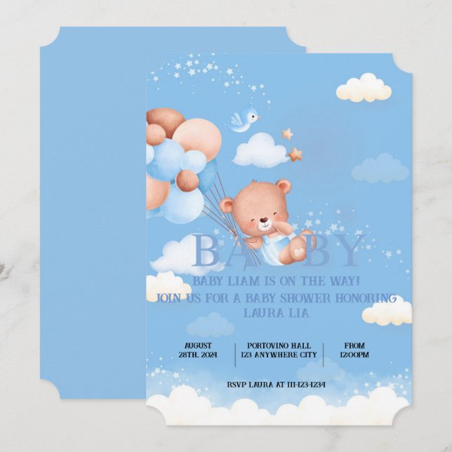 TEDDY BEAR BLUE BABY SHOWER INVITATION (Front/Back)