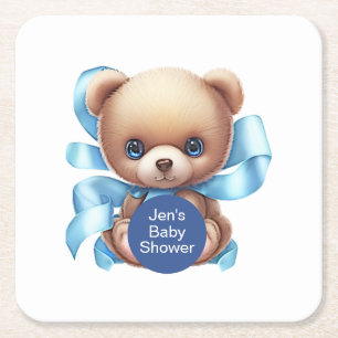Teddy Bear Blue Baby Shower Square Paper Coaster