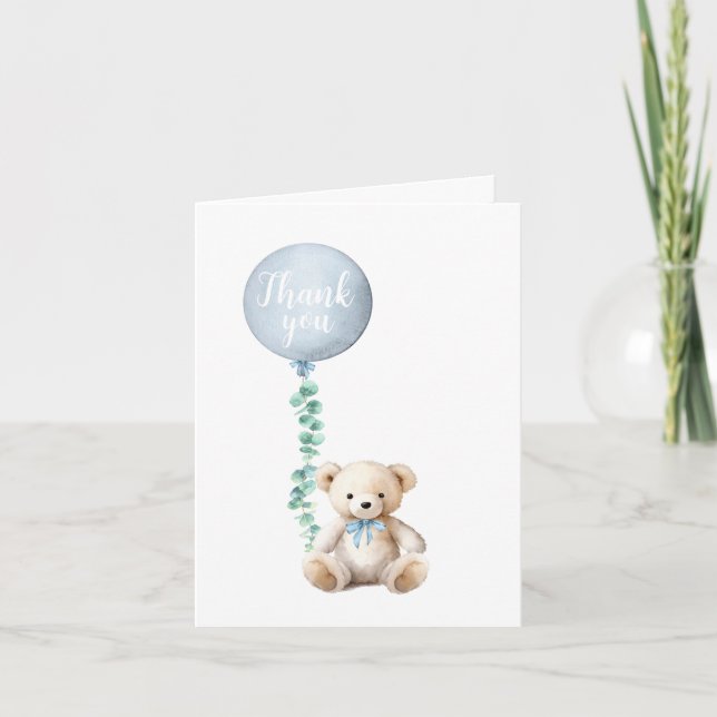Teddy Bear Blue Baby Shower Thank You Card (Front)