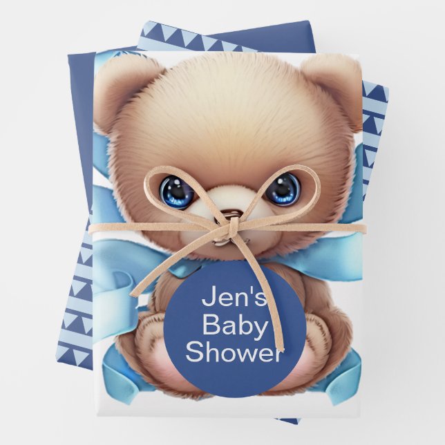 Teddy Bear Blue Baby Shower Wrapping Paper Sheet (In situ)