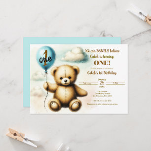 Teddy Bear Blue Balloon 1st Birthday Party Invitation