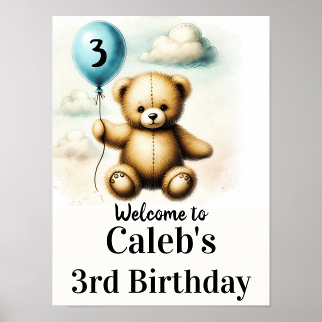 Teddy Bear Blue Balloon 1st Birthday Sign (Front)