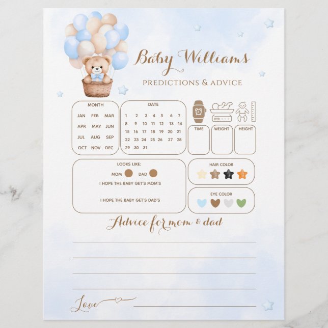 Teddy Bear Blue Balloon Baby Boy Guessing Game (Front)