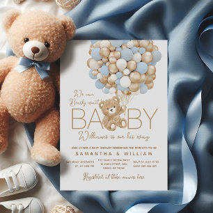 Teddy Bear Blue Balloon Baby Boy Shower Invitation