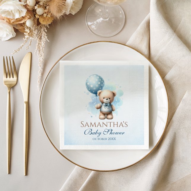 Teddy Bear Blue Balloon Baby Boy Shower Napkin (Creator Uploaded)