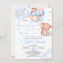 Teddy Bear Blue Balloon Baby Shower Invitation
