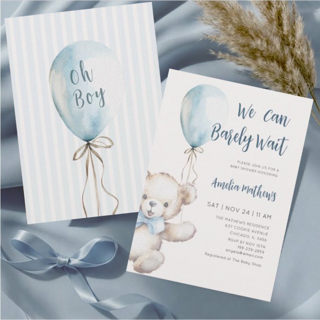 Teddy Bear Blue Balloon Baby Shower Invitation (Creator Uploaded)