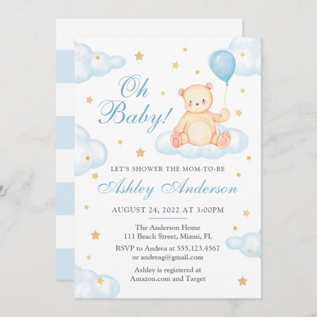 Teddy Bear Blue Balloon Baby Shower Invitation (Front/Back)