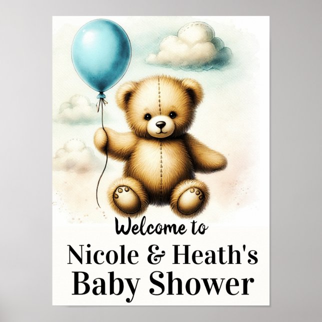 Teddy Bear Blue Balloon Baby Shower Sign (Front)