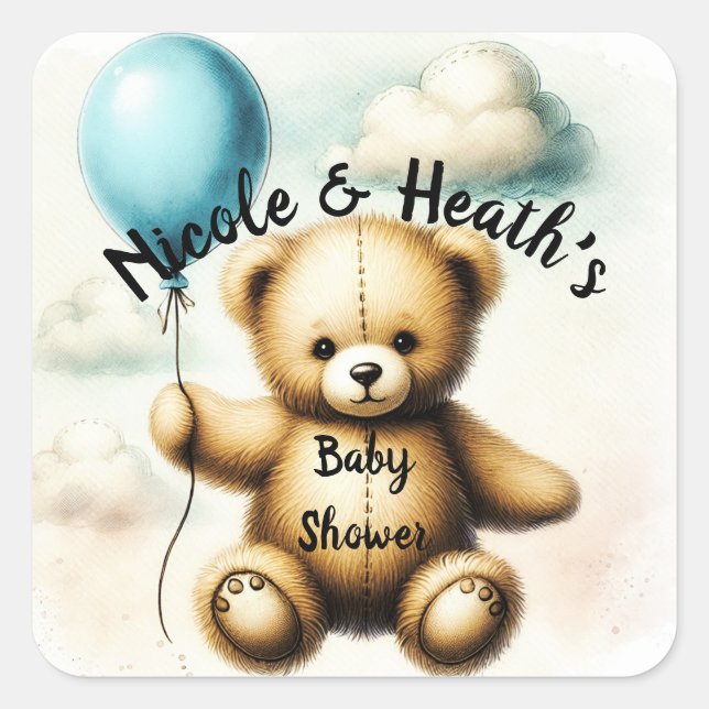 Teddy Bear Blue Balloon Baby Shower Square Sticker (Front)