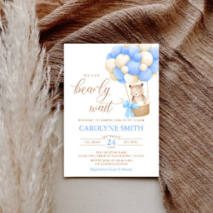 Teddy Bear Blue Balloon Bearly Wait Baby Shower Invitation