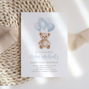 Teddy Bear Blue Balloon Beary First Birthday Invitation