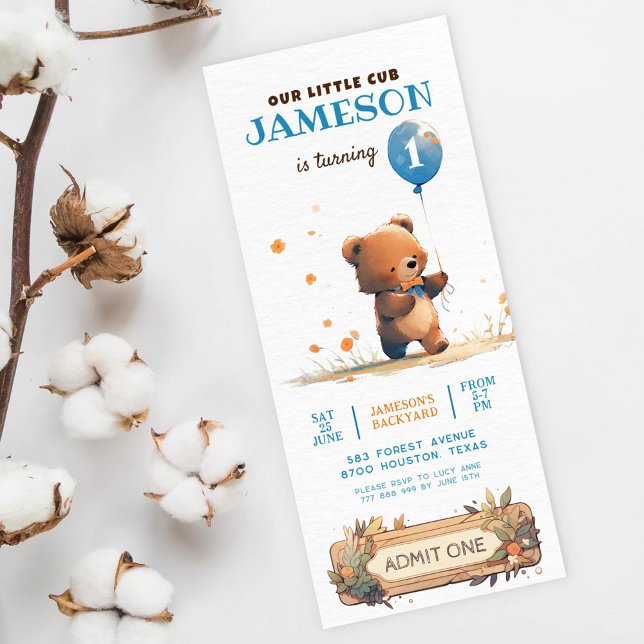Teddy bear blue balloon Beary first birthday Invitation (Creator Uploaded)