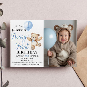 Teddy Bear Blue Balloon Beary First Birthday Photo Invitation