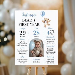 Teddy Bear Blue Balloon Beary First Year Milestone Poster