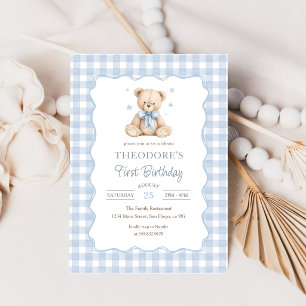 Teddy Bear Blue Balloon Birthday Invitation
