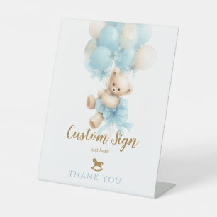 Teddy Bear Blue Balloon Bow Baby Boy Shower Pedestal Sign