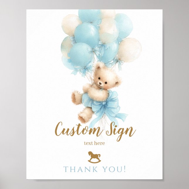 Teddy Bear Blue Balloon Bow Baby Boy Shower Poster (Front)