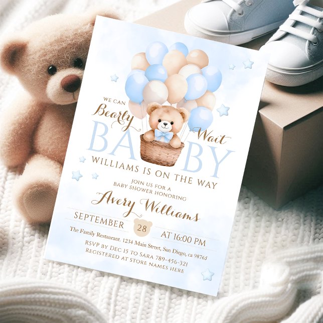 Teddy Bear Blue Balloon Boy Baby Shower  Invitation (Creator Uploaded)