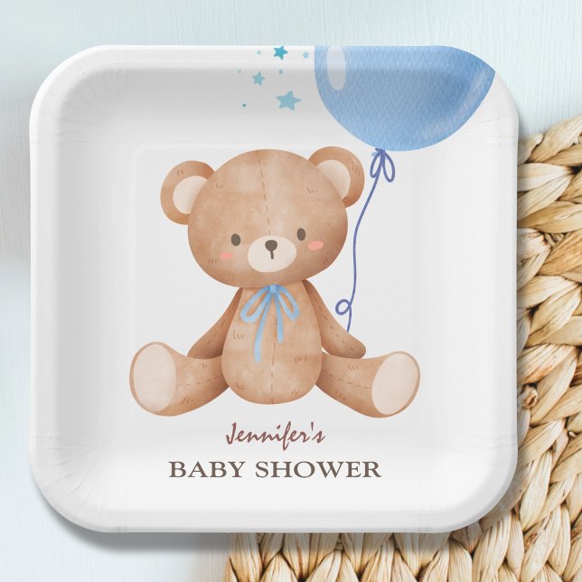 Teddy Bear Blue Balloon Boy Baby Shower  Paper Plate (Creator Uploaded)