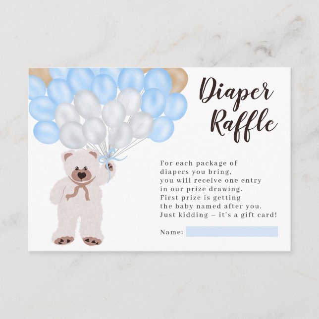 Teddy bear blue balloon diaper raffle shower enclosure card (Front)