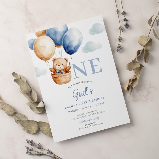Teddy Bear Blue Balloon First Birthday Invitation (Creator Uploaded)