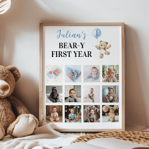 Teddy Bear Blue Balloon First Year Photo Milestone Poster